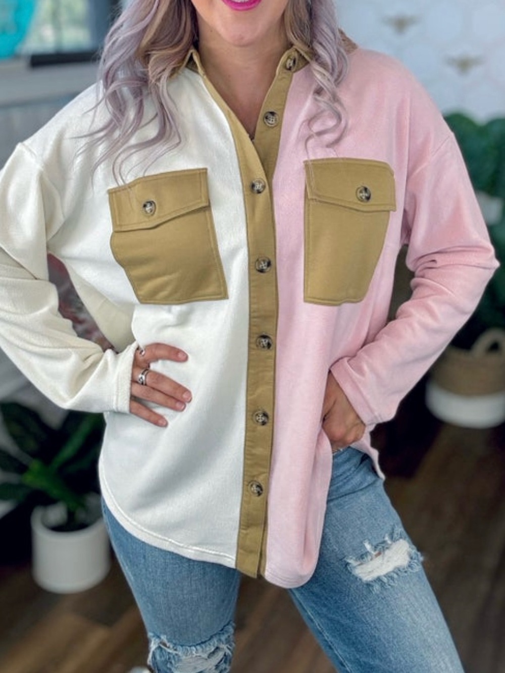 🆕 Kori Pink Cream and Tan Colorblock Button-Up Fleece Shacket